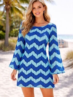 Judith March Blue and Teal Chevron Long Sleeve Dress